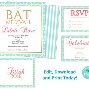 May include: A turquoise and gold Bat Mitzvah invitation with a geometric pattern. The invitation includes the name "Lilah Rose" and the date "August 24th, 2022".