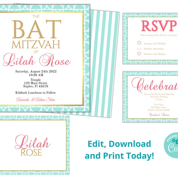 Bat Mitzvah Invitation Bundle, Editable Invitation Template, Instant Download, Teal and Gold, Modern 5x5 Design, Girls birthday