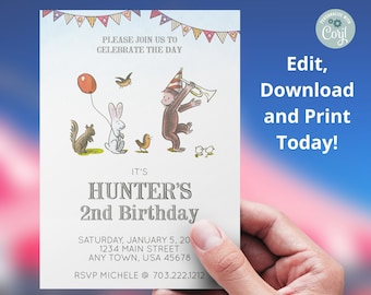 Curious George Invitation, Watercolor Curious George, Simple Curious George Invitation, Birthday Party, Curious George Party, Classic George