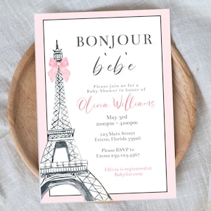 Bearbeitbares Bonjour bebe-Duscheinladungsset, Bonjour Bébé-Babypartyeinladung, Paris-Babypartythema, Eiffelturm