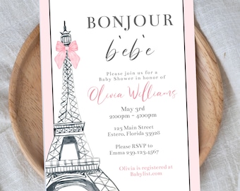 Editable Bonjour bebe Shower Invitation Set, Bonjour Bébé Baby Shower Invitation, Paris Baby Shower theme, Eiffel Tower