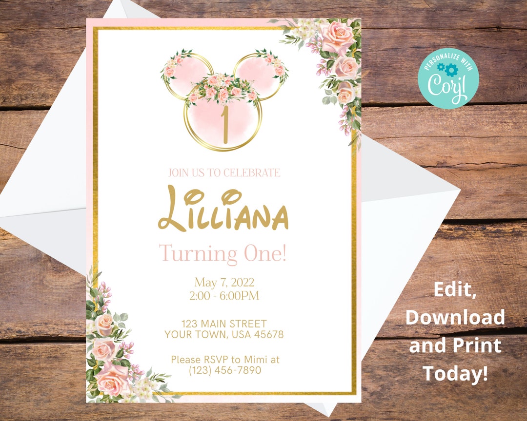 Pink and Gold Minnie Mouse Birthday Invitation, Watercolor Invitation ...