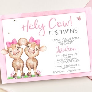 Holy Cow Baby Shower invitation, pink invitation, It&#39;s a girl, Twins baby Shower, Twin Girls Shower, Watercolor Invitation