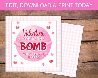 Valentine bath bomb gift tag, INSTANT DOWNLOAD, You're the BOMB valentine, pink gift tags Valentine Treat Tag, School Valentines