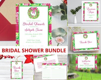 May include: A printable bridal shower bundle with a green and pink floral design. The bundle includes an invitation, thank you card, welcome sign, and recipe card. The text on the invitation reads "Please join us for a bridal shower in honor of Harper Jane".