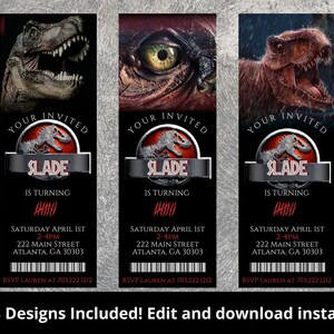 May include: Three printable dinosaur birthday party invitations with a black background and red text. The invitations feature a dinosaur head with a Jurassic Park logo and the text "Your Invited Slade is turning #".