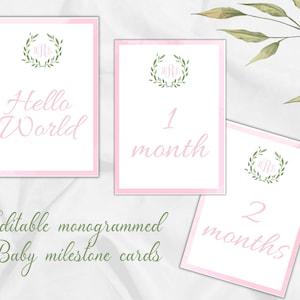 Aquarell Monogramm Meilensteinkarten, Baby, Monatskarten, Babyparty, Geschenk, Meilenstein, Mädchen, rosa, Monogramm, floral