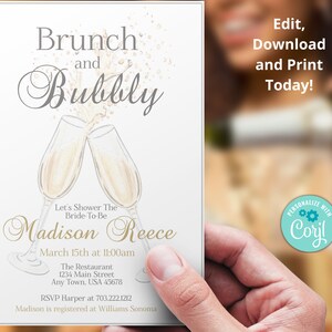 Brunch and Bubbly Bridal Shower Invitation, Champagne Wedding Shower Brunch Invitation Template, Instant Download, Printable