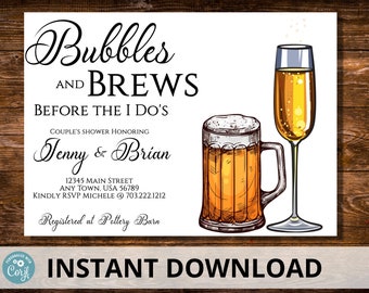Bubbles and Brews Invitation Template, Couples Shower Invitation, Love is Brewing, Wine, Beer, Champagne, Engagement Party
