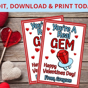 Gem Valentine&#39;s Day Printable Ring Valentine, Valentines Printable, Valentine Label, Kids Valentine Cards, Tag, School Valentine, custom