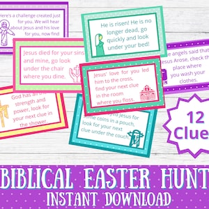 Chasse au trésor biblique de Pâques / Chrétiens / Chasse aux paniers de Pâques / Lapin de Pâques / Cartes indices / Jeu du dimanche de Pâques