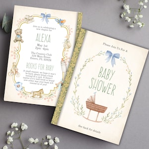 Invitación para baby shower con temática de libro de cuentos, invitación para baby shower con temática de libro vintage, baby shower de niño, invitación editable para baby shower retro