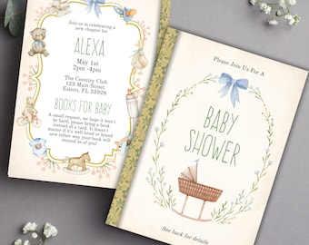 Storybook Baby Shower Invitation, Vintage Book Themed Baby Shower Invite, Baby Boy Shower, Editable Retro Baby Shower Invite