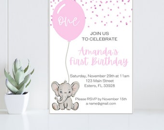 Baby Elephant Birthday Invitation - Pink