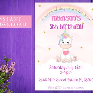 Unicorn Invitation Editable Unicorn Party Unicorn Birthday Invitations Magical Unicorn Invite Template Digital Instant Download