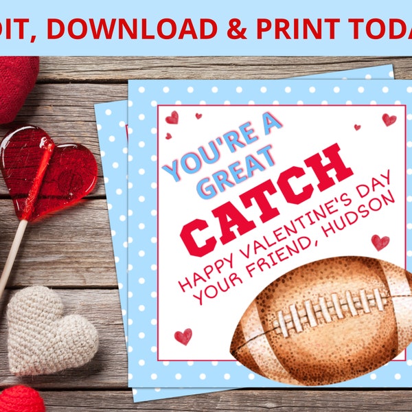 Watercolor football Valentine, Sports Valentine, Valentine Treat Tag, School Valentines, You're a Great Catch