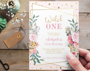 Wild One Birthday Girl Invitation, Wild One Invitation Printable, Safari Wild One Party Invite, Girl Safari Animals Invitation, Wild One