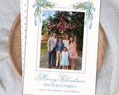 Elegant Watercolor Christmas Photo Card with Blue Bows – Instant Download or Printed