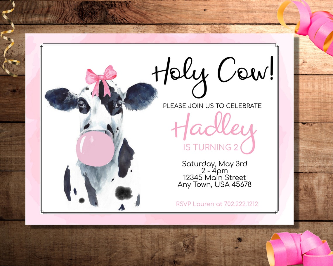 Holy Cow Birthday Invitation Pink Invitation Farm Party Etsy