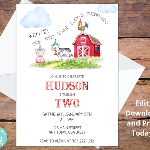 Farm Birthday, Farm Animals, Party Invitation - Oink, Moo, Cockadoodle doo - Watercolor Farm Invitation, Customizable, Print at Home,