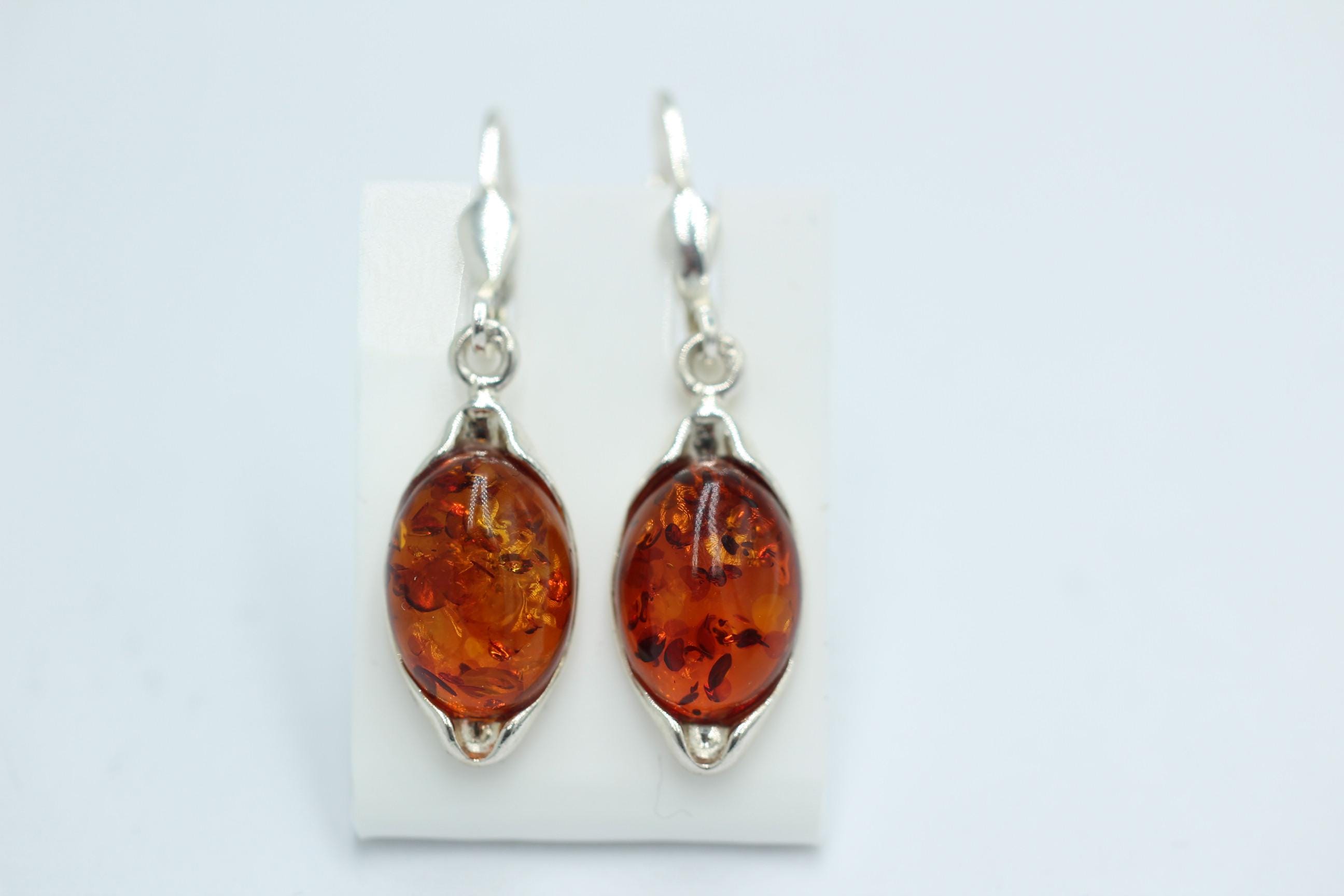 Boucle D'oreille Unique Faite Main - Ambre Et Argent Massif 925 - Style Pendante, Neuf Sans Emballage