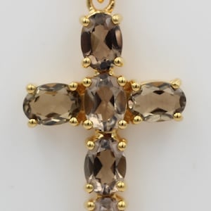 Noble 4.8 Carat Smoky Quartz Cross Pendant 925 Silver Necklace Chain Smoky Topaz