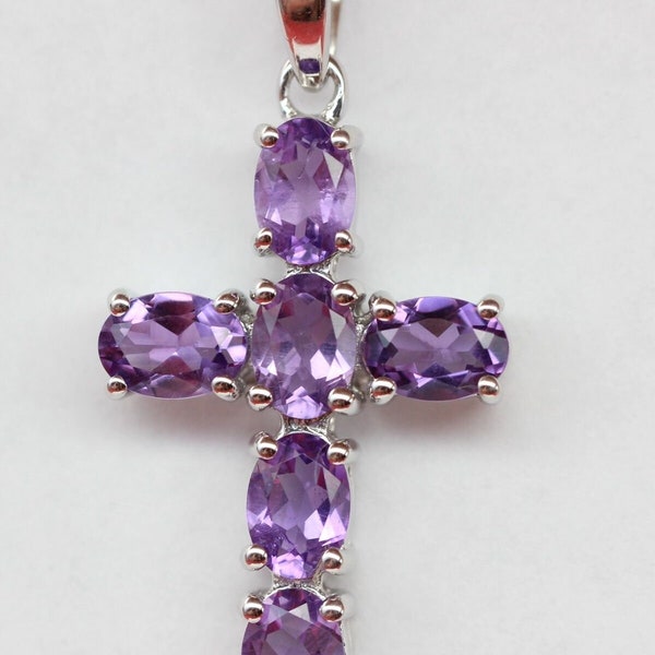 Noble 4.56 carat amethyst cross pendant 925 silver cross necklace chain gemstone