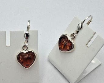 Amber Heart Earrings in Sterling Silver – Handmade Design – Romantic Gift for Her Amber from Lithuania