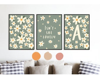 Neutral nursery sage green Daisy print illustration, isn’t she lovely quote initial alphabet