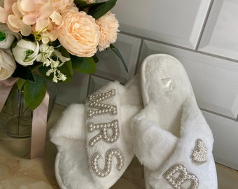 Bride wedding white personalised slippers, embellished pearl wifey footwear.