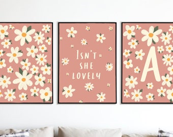 Set of 3 Rose coloured Daisy prints for nursery/kids room. Personalised initial
