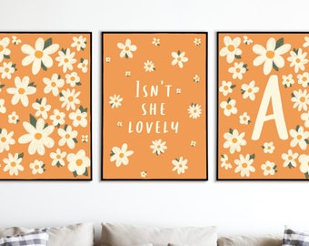 Set of 3 orange bright Daisy nursery kids room art print personalised initial