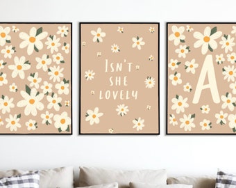 Set of 3 neutral beige nursery prints Daisy floral alphabet personalised