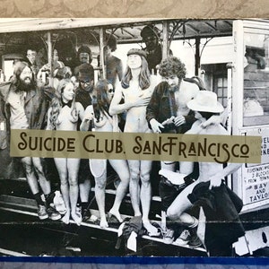 vintage carte postale de cascade de téléphérique nue vers 1977, Suicide Club, San Francisco, photo noir et blanc Ron Dell'Aquilla, carte postale farce, Mature