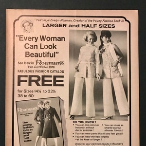 Roaman&#39;s Catalog Ad, 1970s Advertisement, Retro Ad for Plus Sizes, Black & White, Actual Magazine Page, Career Academy on Back of Page