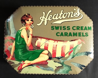 Vintage Heaton's Swiss Cream Caramels Tin, Heaton's LTD London, Flapper Girl in Green Dress, Fancy Kitchen Kitsch, Gold Ornate Display Tin
