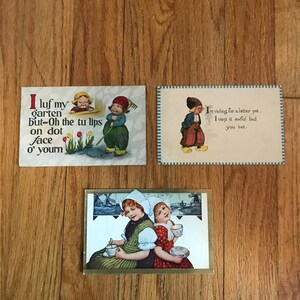 Postales antiguas, juego de 3, adorables niños holandeses, de 1914, Oh, los tulipanes, estoy esperando una carta, dos niñas tomando té, niños encantadores