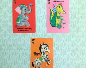 Vintage Whitman Animal Rummy Playing Card, 1960s Kids Game, One Card of Choice, Zippy Zebra, Elephant, Auntie Alligator Junk Journals,Supply