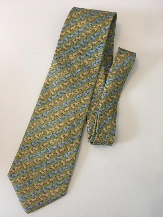 Vintage Pierre Cardin Elephant Neck Tie with Blue, Green and Yellow Elephants striped , 100 percent Silk, Gift for Him, Elephant Lover Gift