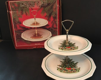 Vintage Christmas Tier Tray, Christmas Heritage, Pfaltzgraff Brand, Christmas Tree with Toy Train Design, Item 12-120, Original Box