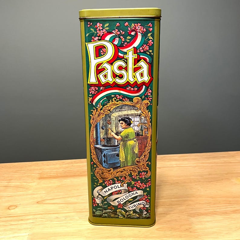 Vintage Casa Via Variccio Pasta Tin, Case Manufacture, Tall Spaghetti Storage Tin, Colorful Old World Italy, Flip Top, Italian Kitchen Decor