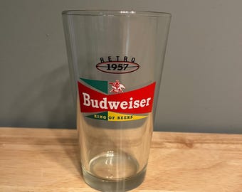 Budweiser King of Beers Retro 1957 Tumbler Pint Glass, Anheuser Busch Remake, bierglas, roodgroen en geel ontwerp, VTG-glas voor verzamelaars
