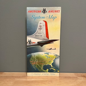 Mapa del sistema de American Airlines vintage, impreso en 1956, DC 7 N303, servicio transcontinental sin escalas, ilustraciones retro, mapa de ruta detallado