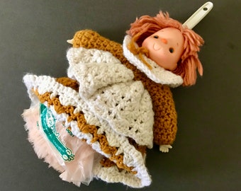 Vintage Handmade Doll Feather Duster, Crocheted Dress, Creepy Cute Housewarming Gift, 1970s Housewife Helper, Washable Feather Duster