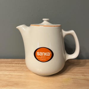 Vintage Sanka Coffee Decanter, Small Ceramic Pitcher, Orange and Brown Sanka Logo, Collectable Coffee China, Mid Century Mod, Single Cup Sz