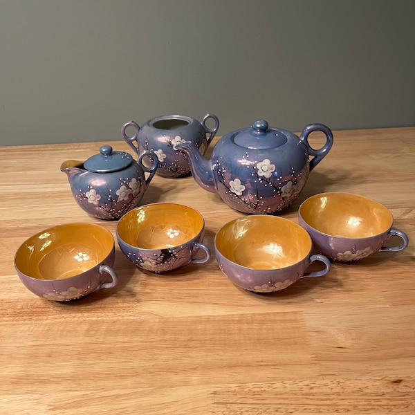 Vintage Tea Set, Cherry Blossom Design on Luminous Blue, One Tea Pot, 4 Cups, 3 Saucers, Creamer and Sugar Bowl, All Sold Separately