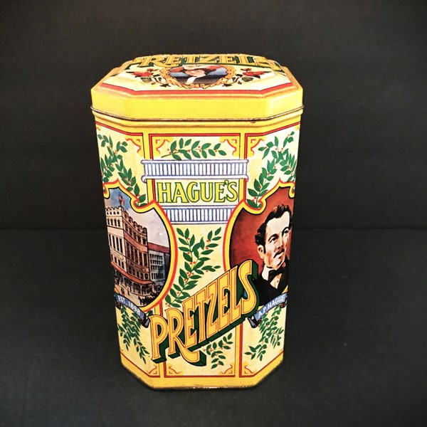 Vintage Hague's Pretzels Tin, Yellow and Red Motif, Established 1898, , Octagon Canister, AP Hague England, Kitchen Kitsch, Hinged Top