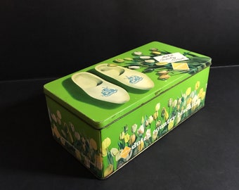 Vintage Dutch Country Biscuits Tin, Patria Brand, Amsterdam Holland, Cute Tin with Wooden Shoes and Tulips, Colorful Floral Kitchen Kitsch