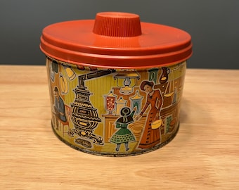 Vintage Mrs Leland's Old Fashioned Candies Tin, 1960's Decorative Canister, Old Country Store Scenes from Early 1900's, Kitchen Kitsch