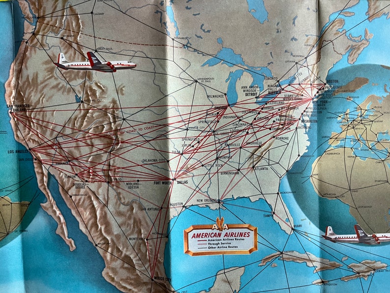 Typical Transcontinental Flight Routing Map Vintage American Airlines, System Map, Printed in 1956, DC 7 N303 ...